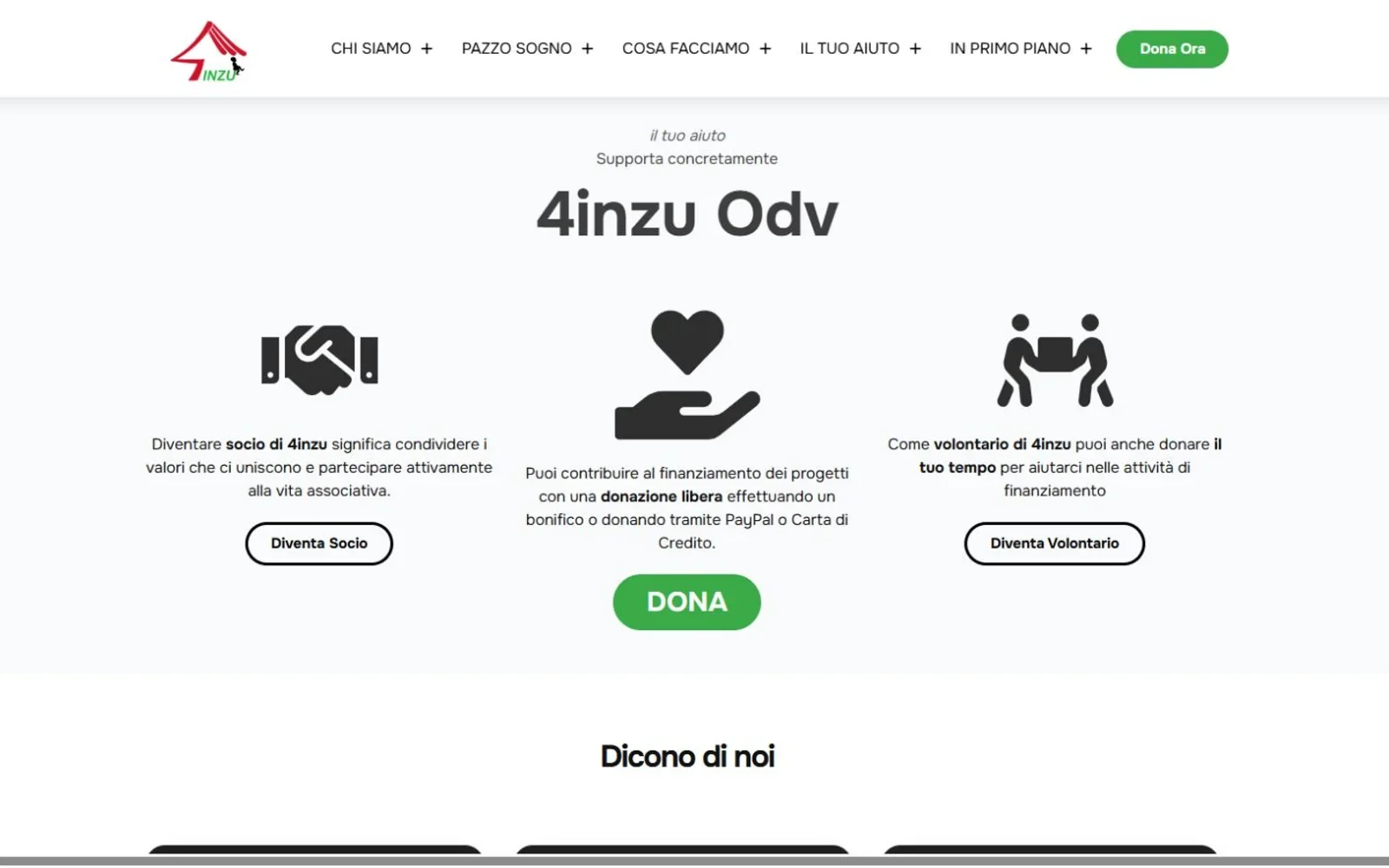 Schermata del sito 4inzu con le tre modalità per sostenere l’associazione