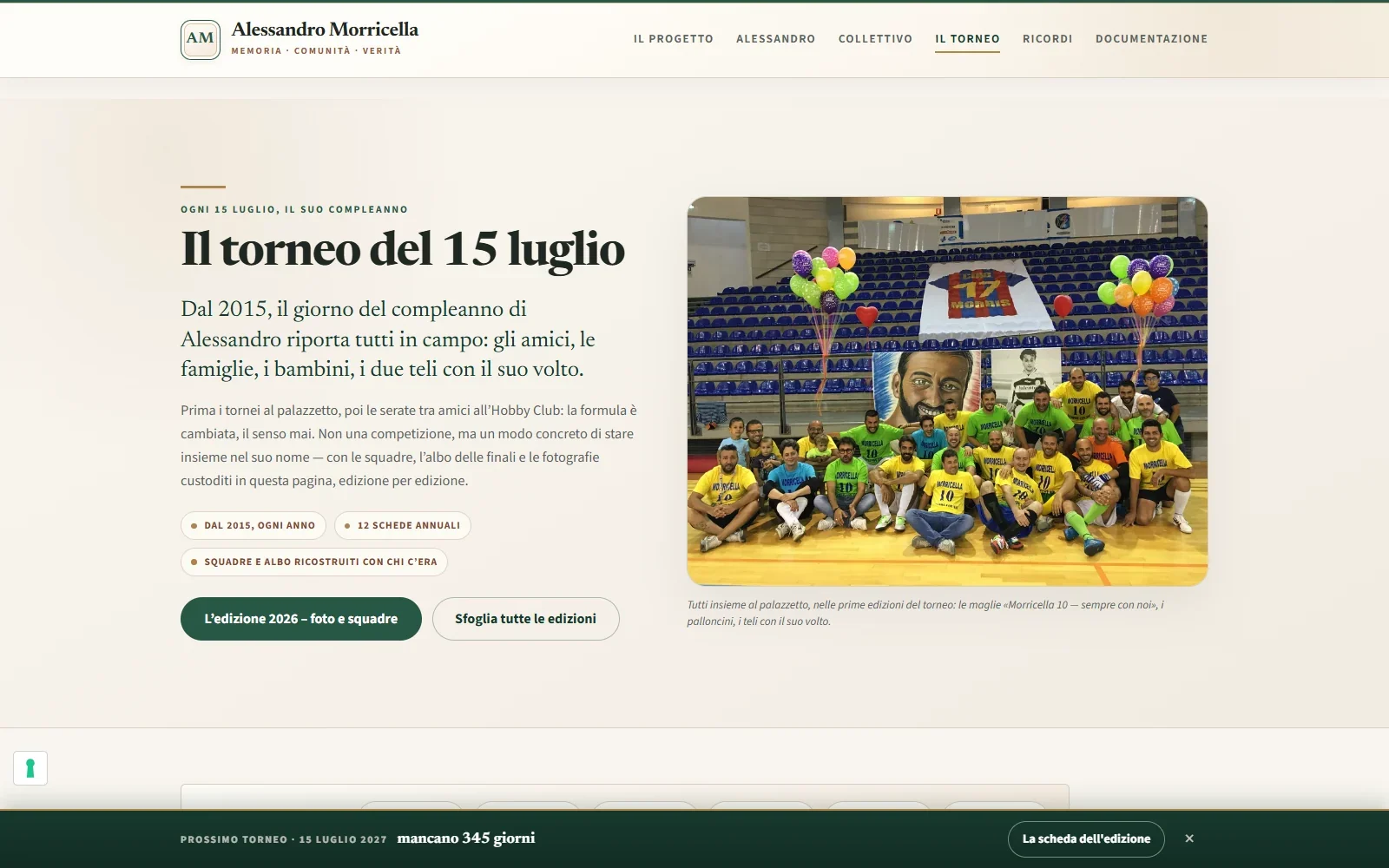 Pagina del Torneo del 15 luglio con presentazione dell’archivio e fotografia di gruppo contestualizzata