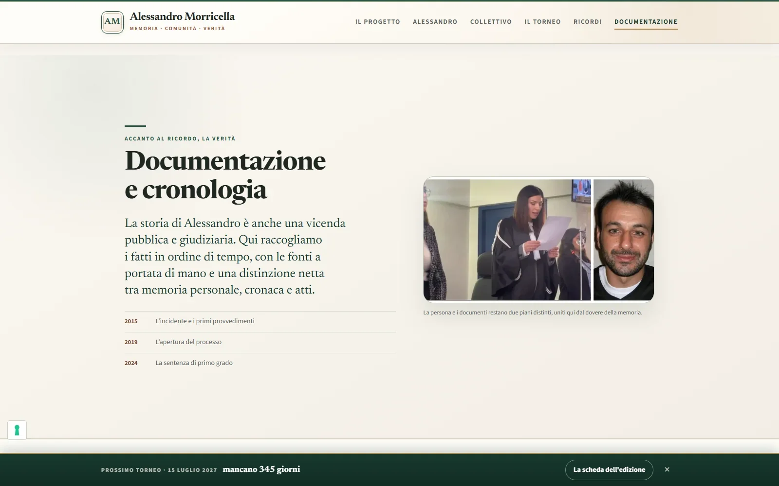 Pagina Documentazione e cronologia con introduzione, anni chiave e materiali contestualizzati