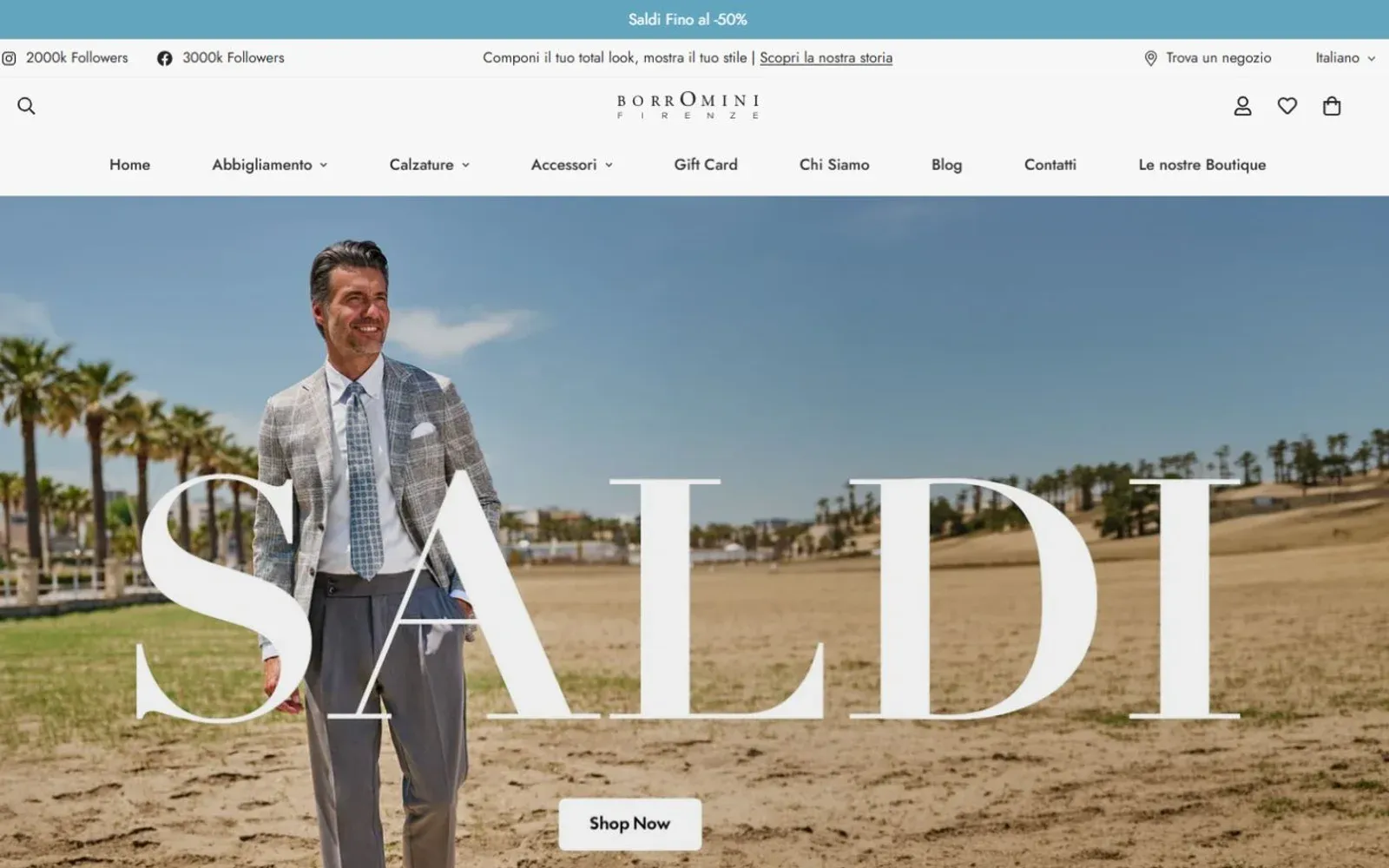 Schermata della Home e-commerce Borromini Firenze con navigazione del catalogo moda uomo