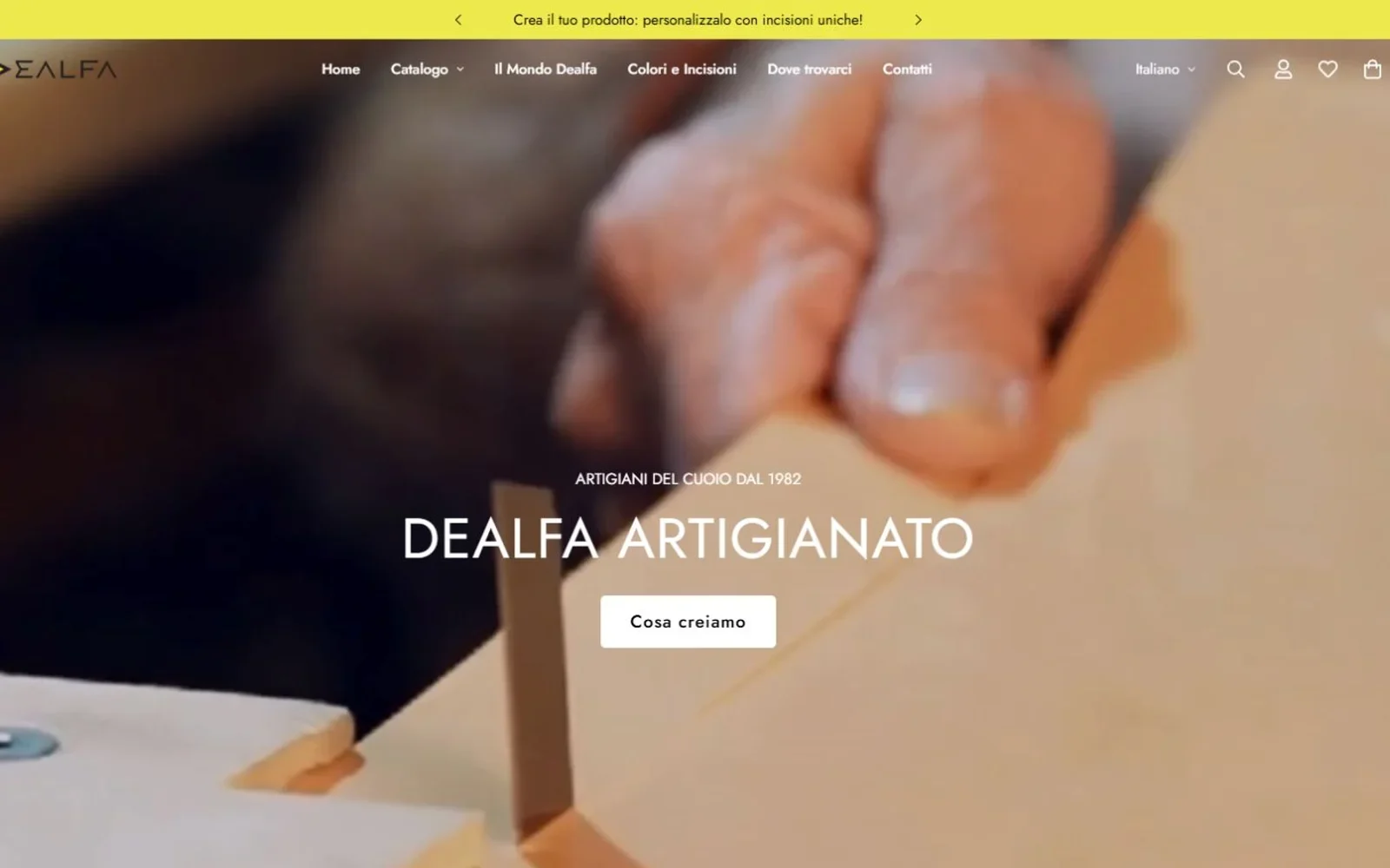 Schermata della Home Dealfa Artigianato con lavorazione artigianale e accesso al catalogo