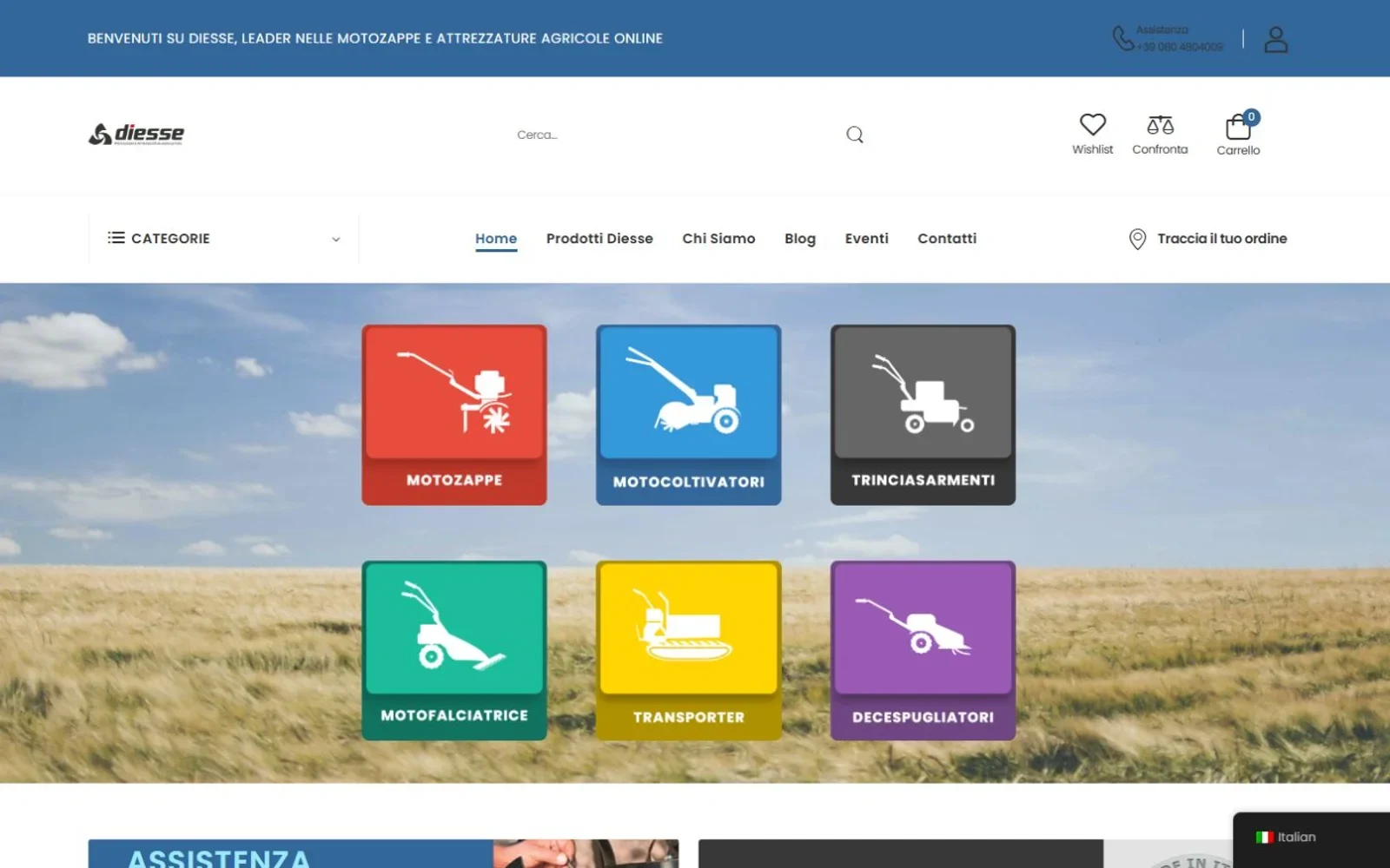 Schermata del catalogo Diesseagri con categorie di macchine e attrezzature agricole