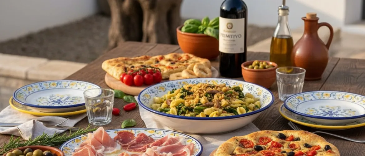 Tavola con pasta, focaccia, vino e altre specialità pugliesi