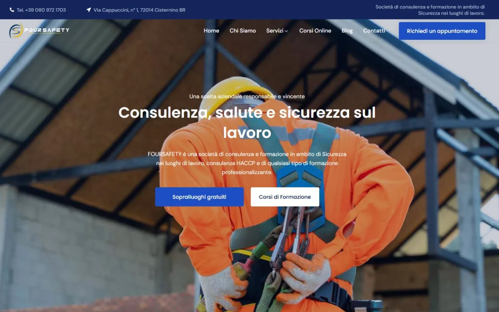 Schermata della Home Four Safety dedicata a consulenza, salute e sicurezza sul lavoro