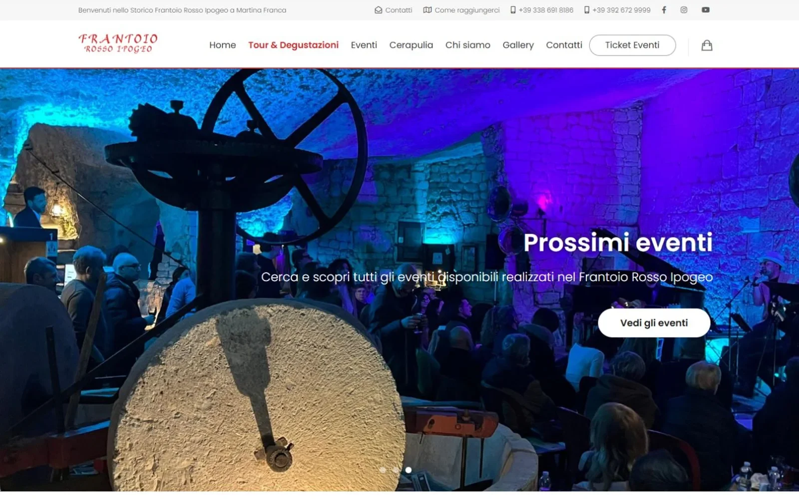 Schermata della Home del Frantoio Rosso Ipogeo con accesso agli eventi