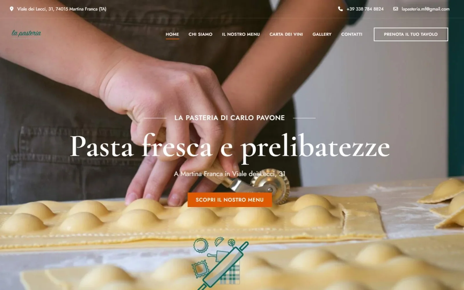 Schermata della Home La Pasteria Pavone con lavorazione della pasta fresca