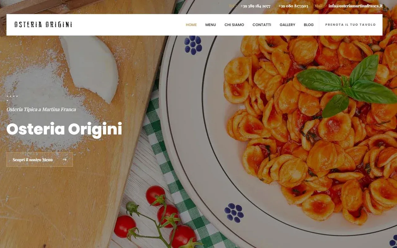 Schermata storica del sito Osteria Origini con invito alla prenotazione