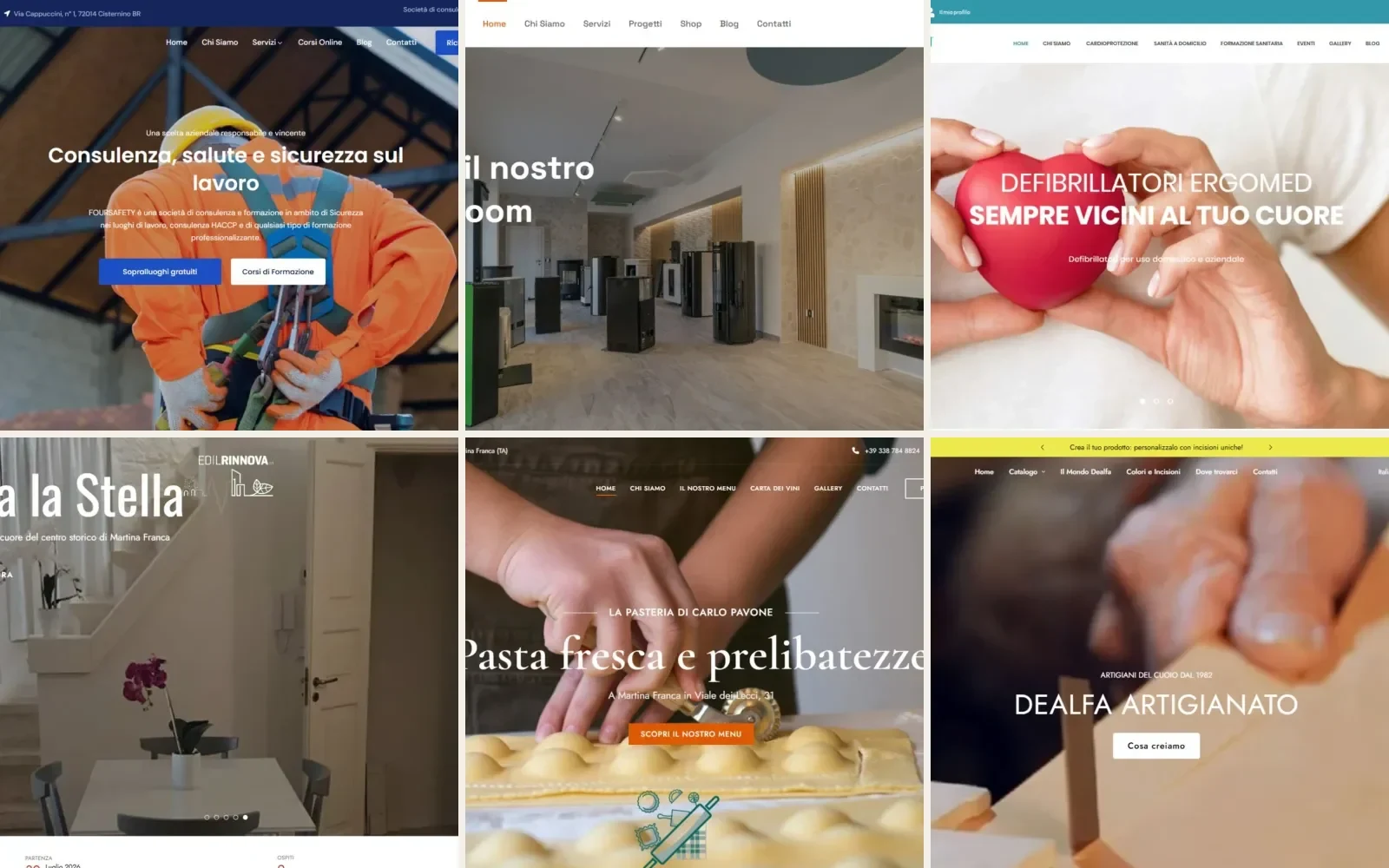 Mosaico di sei schermate reali: Four Safety, Fumarola Energia, Ergomed, For Apulia, La Pasteria Pavone e Dealfa Artigianato