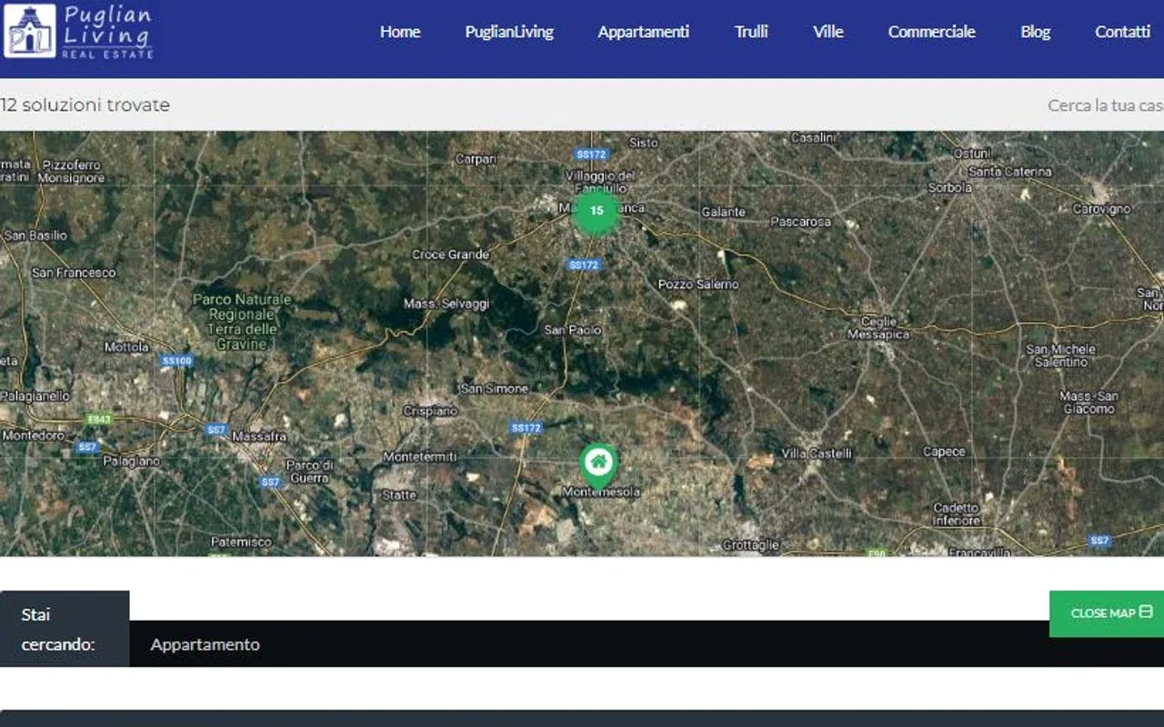 Schermata storica del sito Puglian Living con ricerca immobiliare su mappa