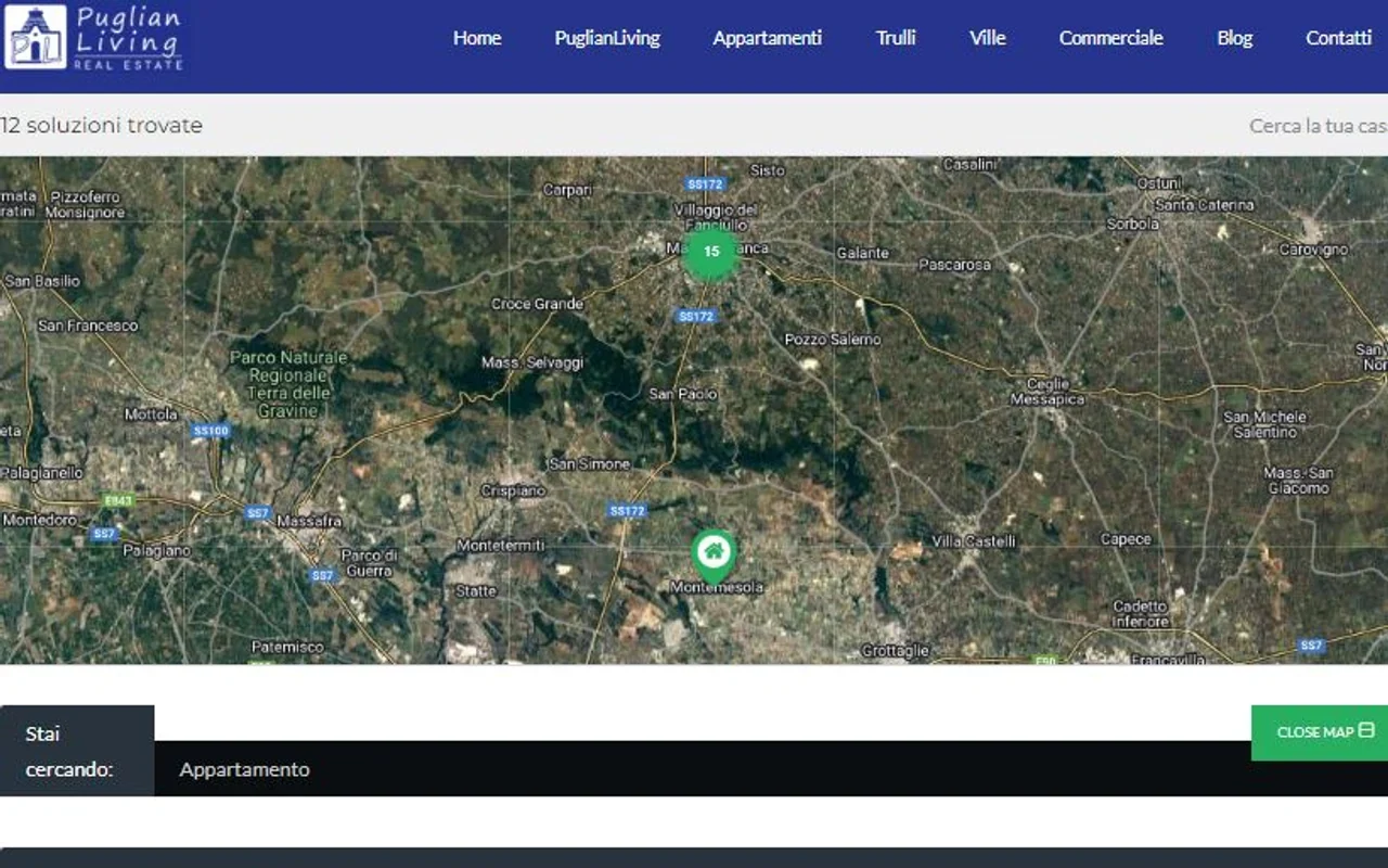 Schermata storica del sito Puglian Living con ricerca immobiliare su mappa